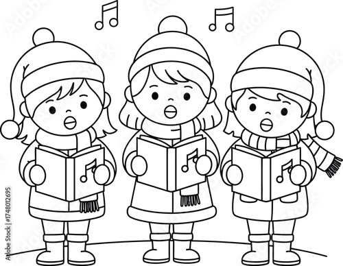 Christmas Carolers Coloring Page - Cute Cartoon Kids Singing Winter Holiday Songs