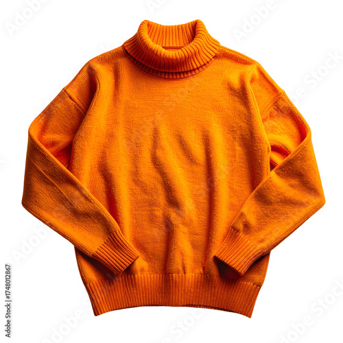 Vibrant orange turtleneck sweater, isolated on black, soft texture and cozy design