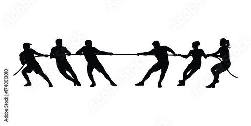 Silhouettes of a team pulling a rope in a tug of war competition