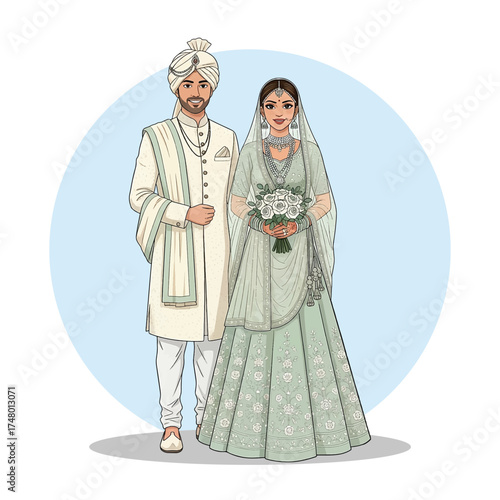 Elegant Indian Bride and Groom Illustration in Pastel Green Wedding Outfit