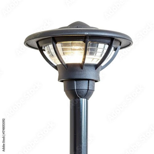 Modern outdoor post lantern with warm light isolated on Transparent Background