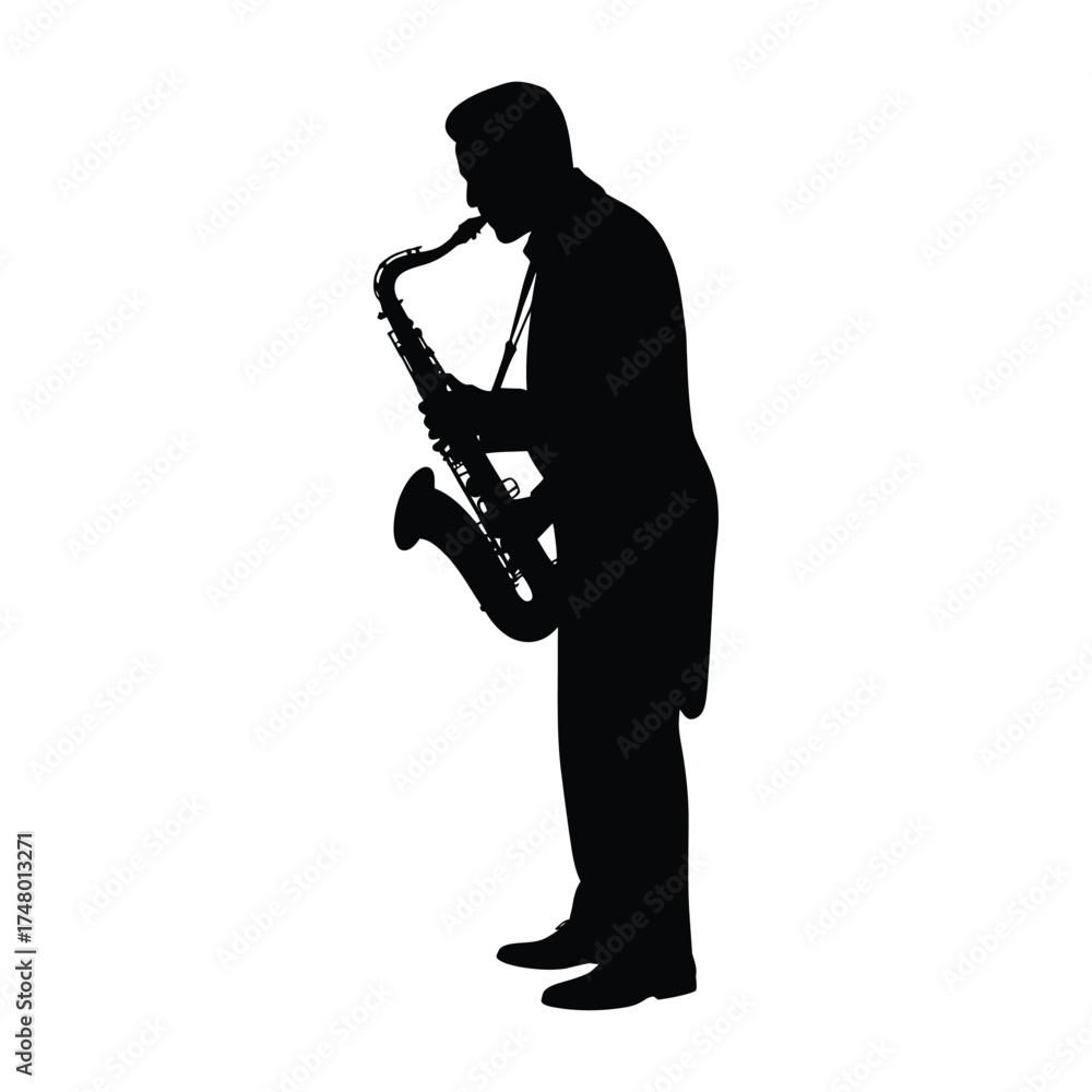 Fototapeta premium Silhouette of a musician playing a saxophone on a white background