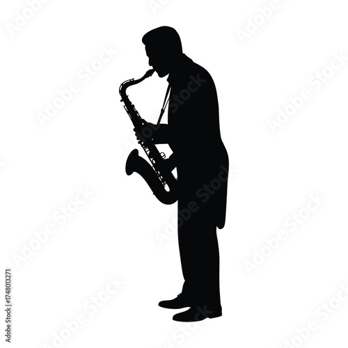 Silhouette of a musician playing a saxophone on a white background