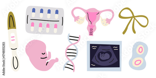 Pregnancy elements set. Embryo, pregnancy test, uterus, DNA. Gynecology theme. Female reproductive health concept. Medical vector illustration
