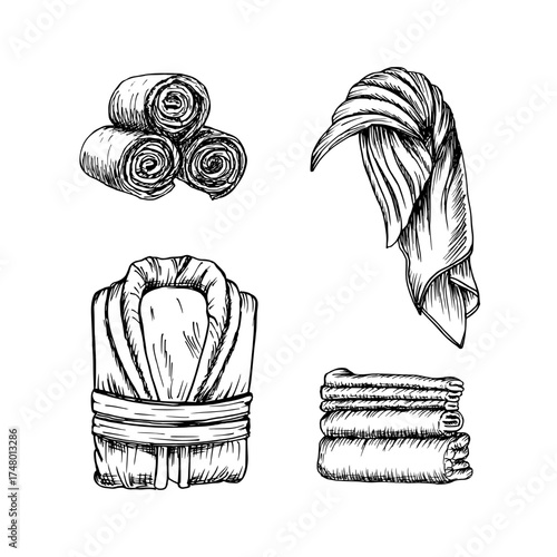 Set of sketch illustrations of a bathrobe, a towel on the head, and rolled and folded towels. Drawing in an engraving style. Hand-drawn vector line art clipart, isolated