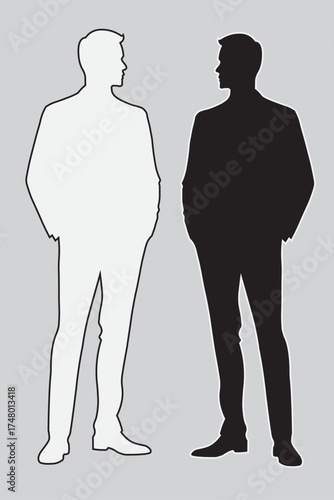 Modern male silhouette vector illustration showing two men standing in stylish posture. Perfect for fashion branding, clothing design, business concept, advertisement, and minimalist art projects.