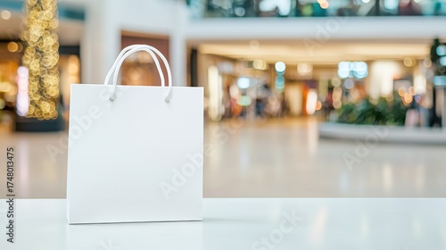 White shopping bag lying on wooden table, soft mall background glowing with festive christmas lights, representing seasonal retail excitement and consumer culture