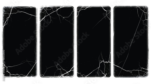 Vector art of a collection of distressed black rectangle frames with cracked and grunge textures, perfect for adding a vintage or worn effect to photos and designs