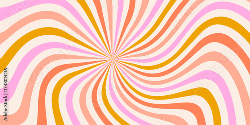 Retro swirl pattern. Vector groovy textured background. Spiral groovy sunburst radial backdrop. Vintage psychedelic wavy pink, gold and orange vortex. 70s funky striped summer poster