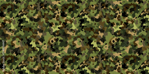 Military camouflage seamless pattern with green and olive tones ideal for army fabric, uniform design, and tactical background artwork