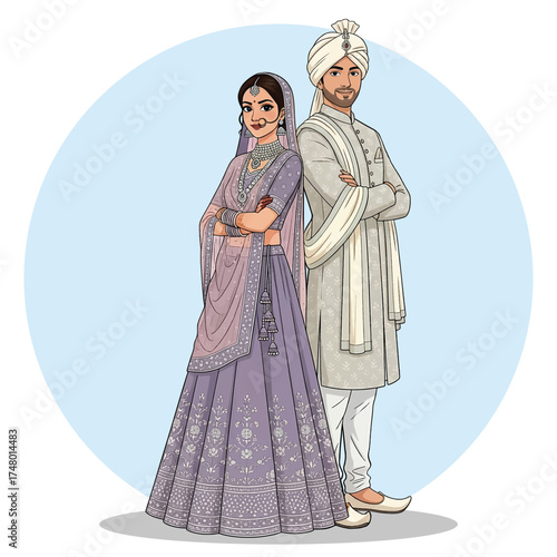 Traditional Indian Bride and Groom Standing Together Illustration