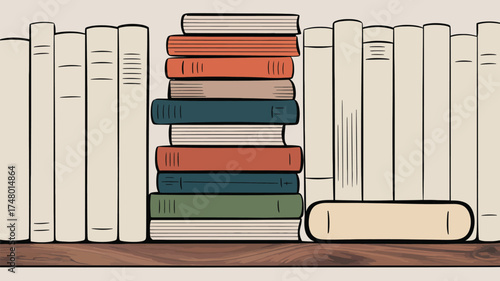 Illustration of books on a shelf with a stack of colorful books and white books in the background