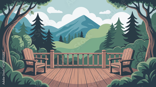 A serene deck scene overlooking a mountain vista with chairs trees and a wooden deck illustration