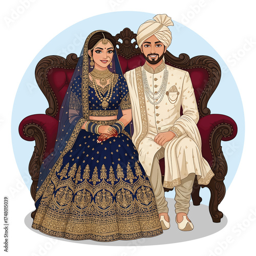 Indian Bride and Groom Sitting Together in Traditional Wedding Attire Illustration