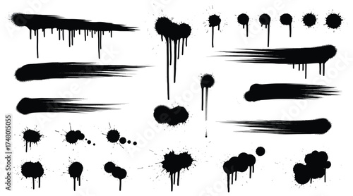 Vector art of collection of black spray paint drips and splatters set of grunge elements for design, vector illustration of ink blots and stains