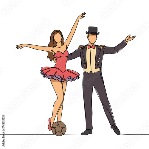 Circus performers dancing in costumes with a football in studio  
