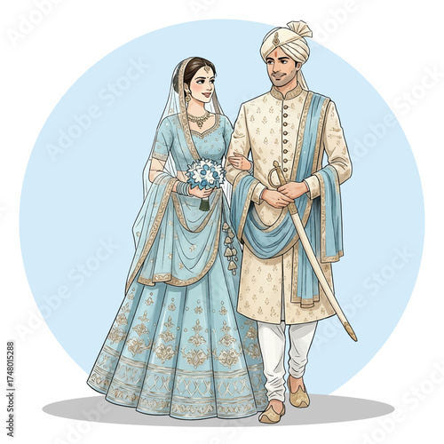 Indian Bride and Groom in Traditional Wedding Attire Illustration