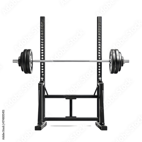 Black squat rack with barbell and weight plates isolated on Transparent Background