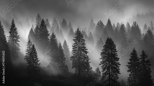 The sun rays pass through the trees on a thick fog. Earlier autumn in the forest with fog and mist on sunrise.