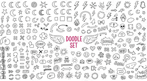 Vector art of collection of hand drawn doodle set of cute sketch element, vector illustration of moon, star, arrow, heart, cloud, lightning, and face