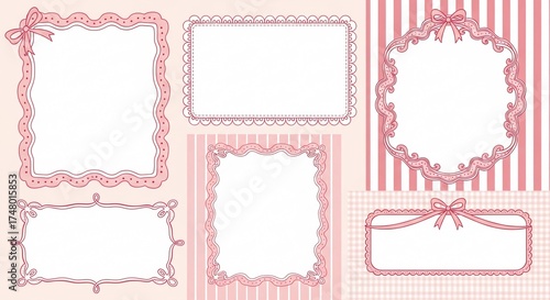 Collection of pink decorative frames with bows and patterned edges on a striped background