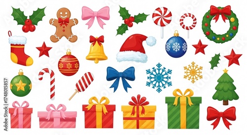 A festive array of christmas icons featuring gifts, ornaments, and holiday decorations galore