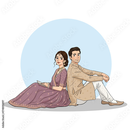 Indian Couple Sitting Back to Back – Traditional Wedding or Engagement Illustration