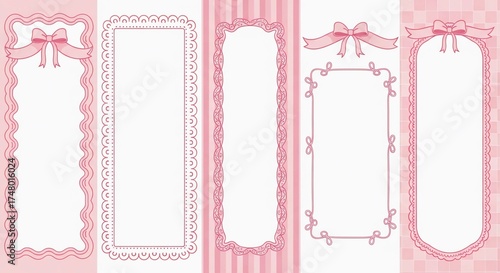 Collection of pink frames with bows and lace details on a pink and white striped background design