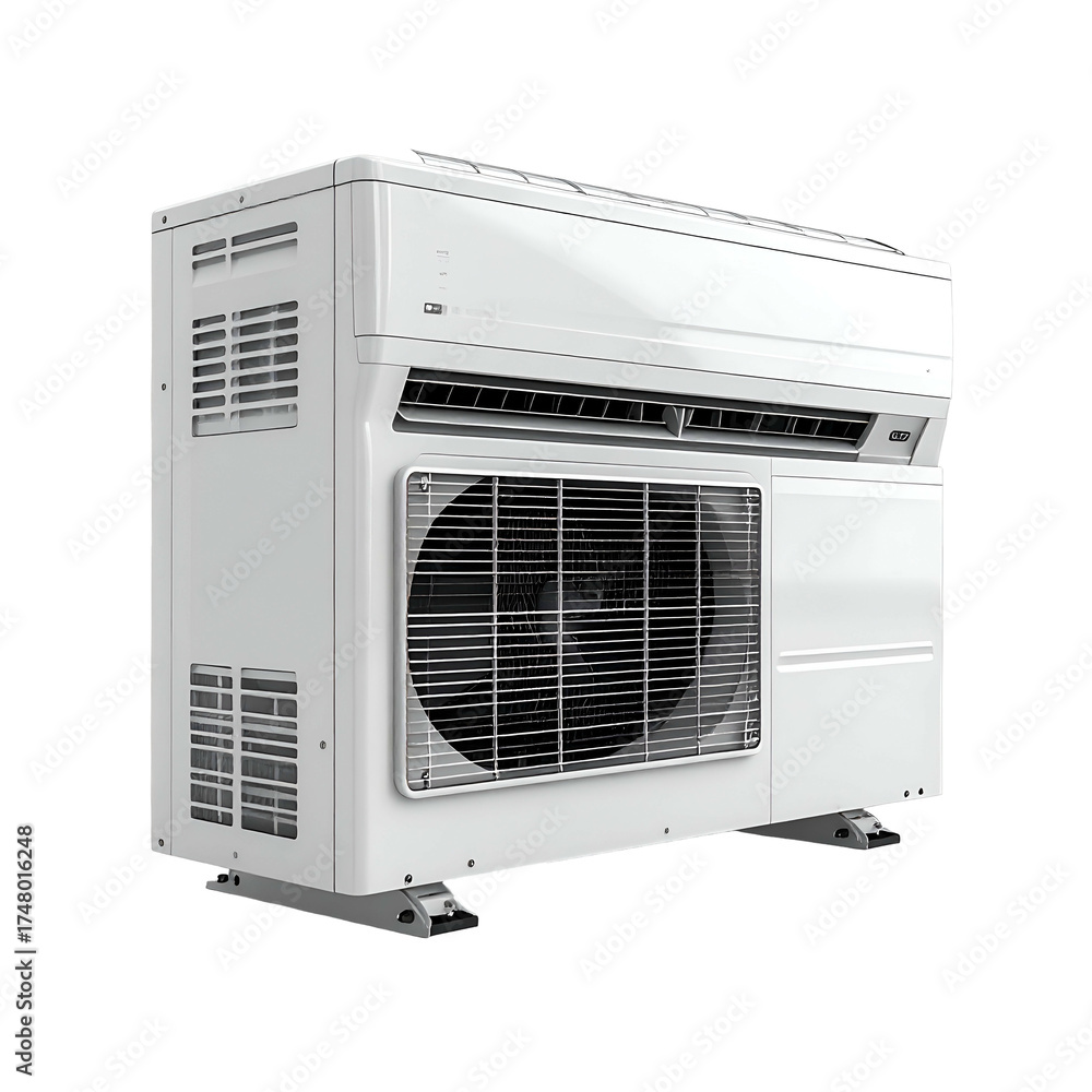 Fototapeta premium A white, modern, rectangular air conditioning unit with vents, a fan, and a clean design
