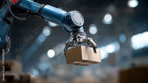 Closeup of robotic gripper lifting loose freight with outoffocus factory interior amplifying advanced cargo handling technology.