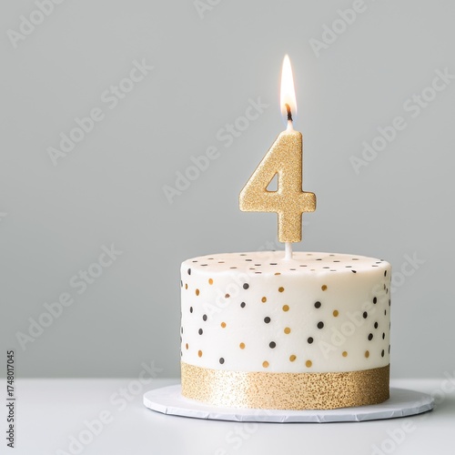 Golden candle topping polka dot birthday cake, featuring shimmering metallic accents and elegant design celebrating fourth year milestone