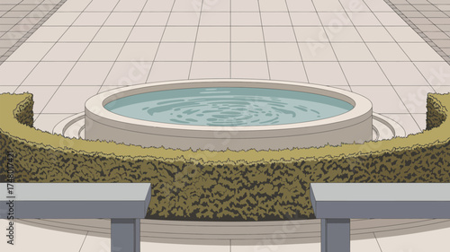 A cartoon image depicting a water fountain surrounded by a trimmed hedge in a tiled courtyard