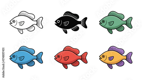 Vector art of collection of six fish icons in various colors and styles