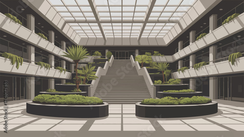 View of a large atrium with plants and stairs leading to doors under a glass panel ceiling design