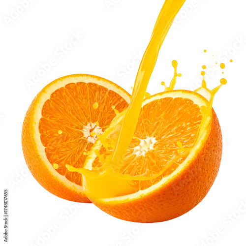 Bright image of an orange cut in half with juice being poured, creating a crown shape