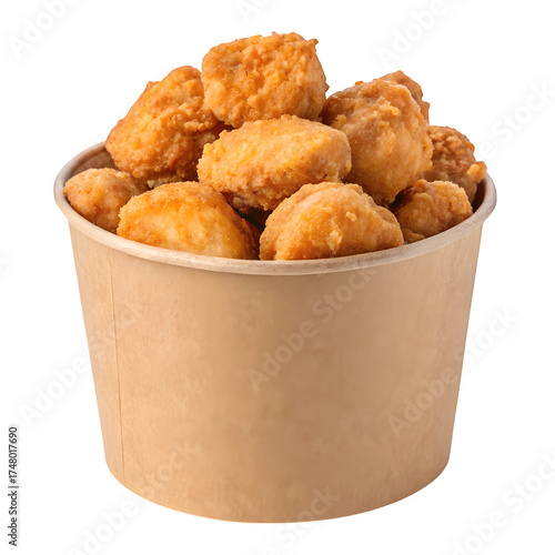 Crispy golden chicken nuggets piled high in a disposable paper cup isolated on transparent background