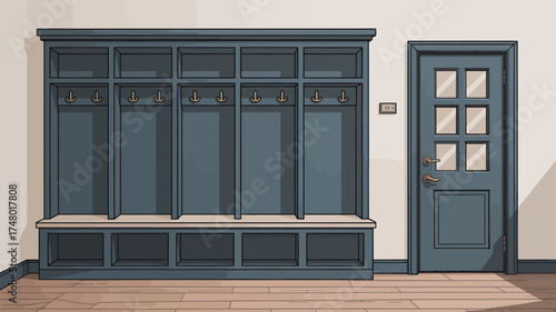 A blue mudroom unit with hooks and storage next to a blue door in a hallway with wood floors
