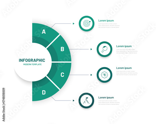 Four stage infographics with editable icons. Pie chart for presentation or booklet, website