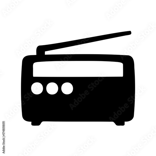 Simple Black and White Retro Radio Icon with Antenna and Buttons