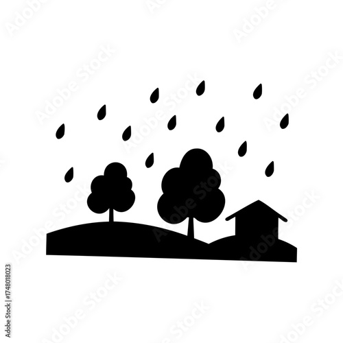 Black silhouette of a landscape with rain, trees and a house