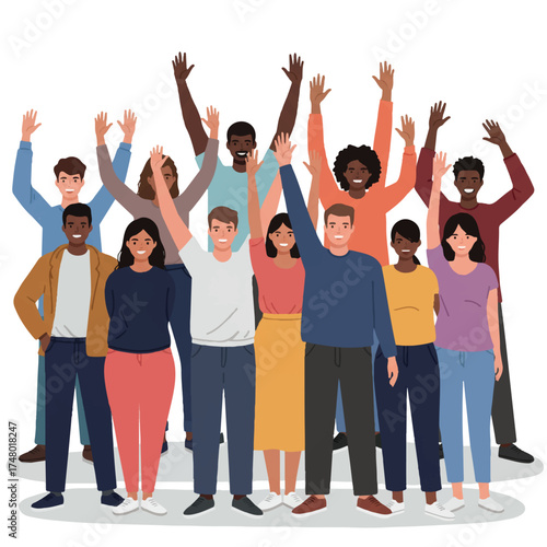 Diverse group of people standing together with raised hands in a celebratory gesture against a plain white background with a sense of unity and solidarity.
