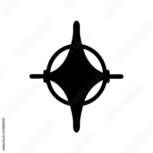 Black star inside circle with points extending out on a white background