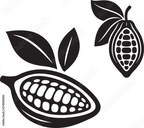 Cocoa Bean Pod Silhouette Vector Illustration Cacao Fruit Icon Design for Chocolate Organic Farming Tropical Agriculture Natural Food Botanical Art and Eco-Friendly Branding