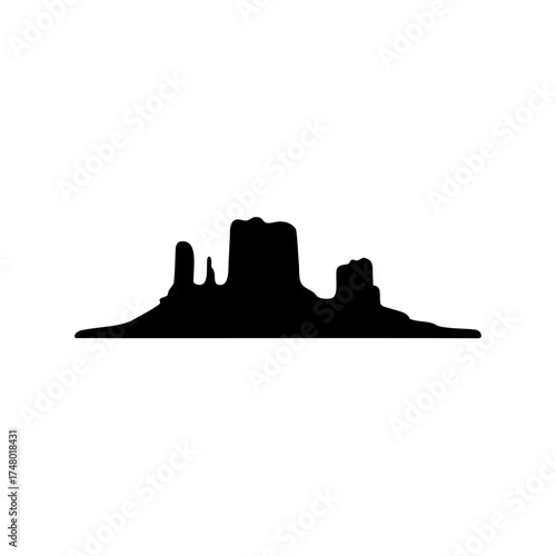 Black silhouette of Monument Valley against a white background in simple illustration