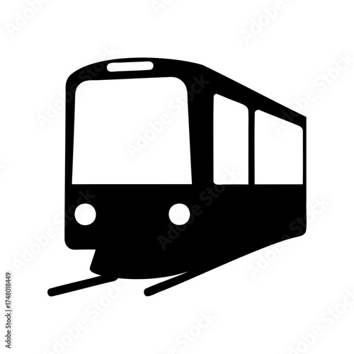 Monochrome illustration of a train traveling in a specific direction with perspective