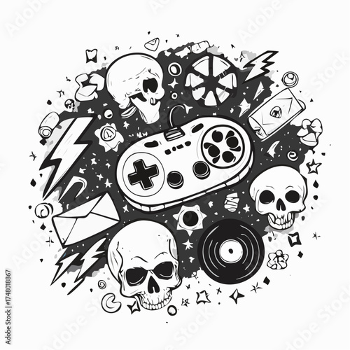 A black and white doodle-style illustration of a video game controller surrounded by skulls, lightning bolts, and pop culture icons.