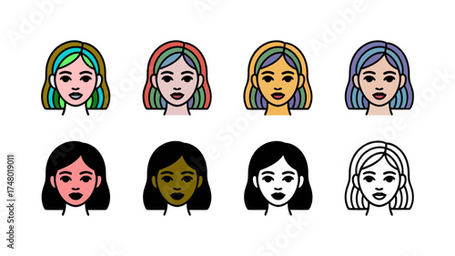 Vector art of set of diverse female portraits with different hairstyles and skin tones