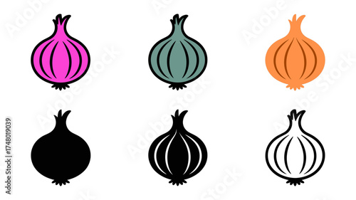 Vector art of collection of six stylized onions in various colors, including pink, teal, orange, black, and outline