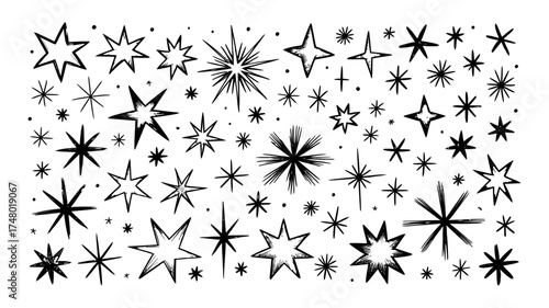 Vector art of collection of numerous handdrawn black stars of various sizes and styles scattered across a