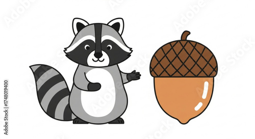 A cute raccoon standing next to a large acorn, the raccoon has gray fur and a black mask, while the acorn is brown and tan